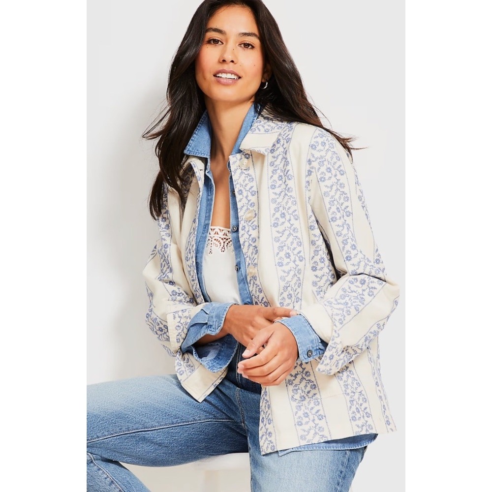 LOFT Jacket Top Embroidered Floral Buttons Pockets Large NWT Ret $135 Ivory Blue